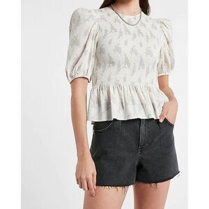 2/$30 Express Floral Linen Blend Smocked Puff Sleeve Sleeve Top Blouse Shirt